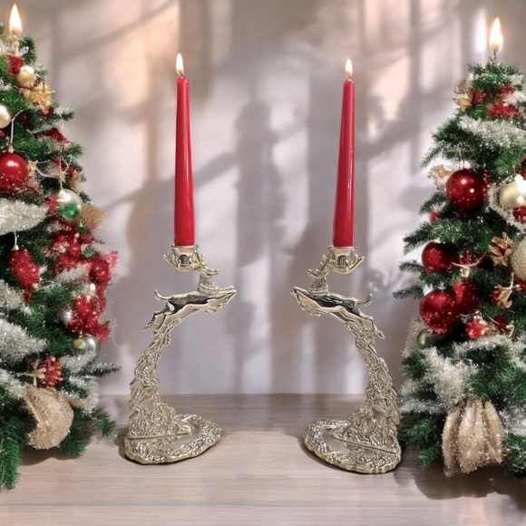 Vtg Pair of Godinger Silver Plate Reindeer Candle Holders - Picture 4 of 8